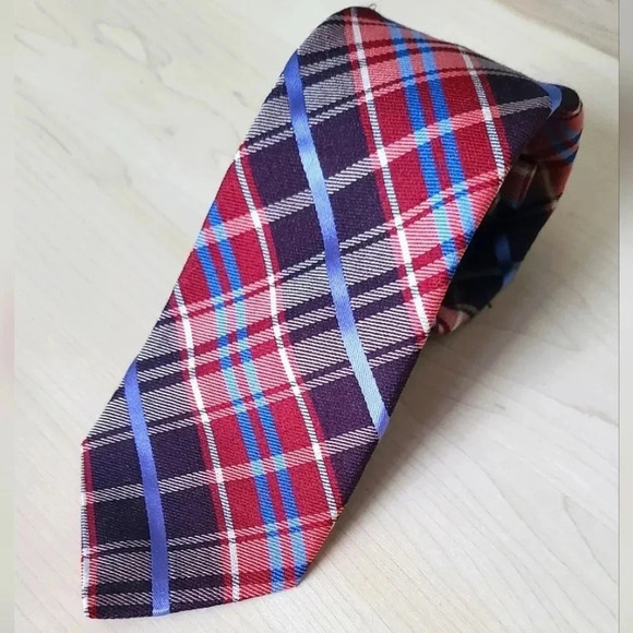 🇬🇧TED BAKER LONDON  Plaid Tie, burgundy and blue - Picture 1 of 7